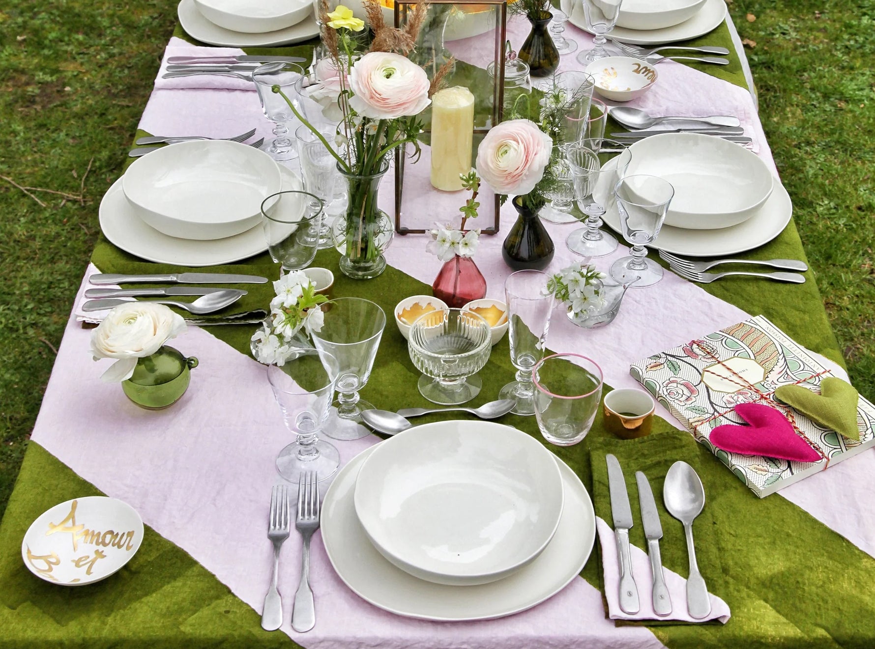 'Stripe' Linen Tablecloth in Avocado Green and Pale Pink