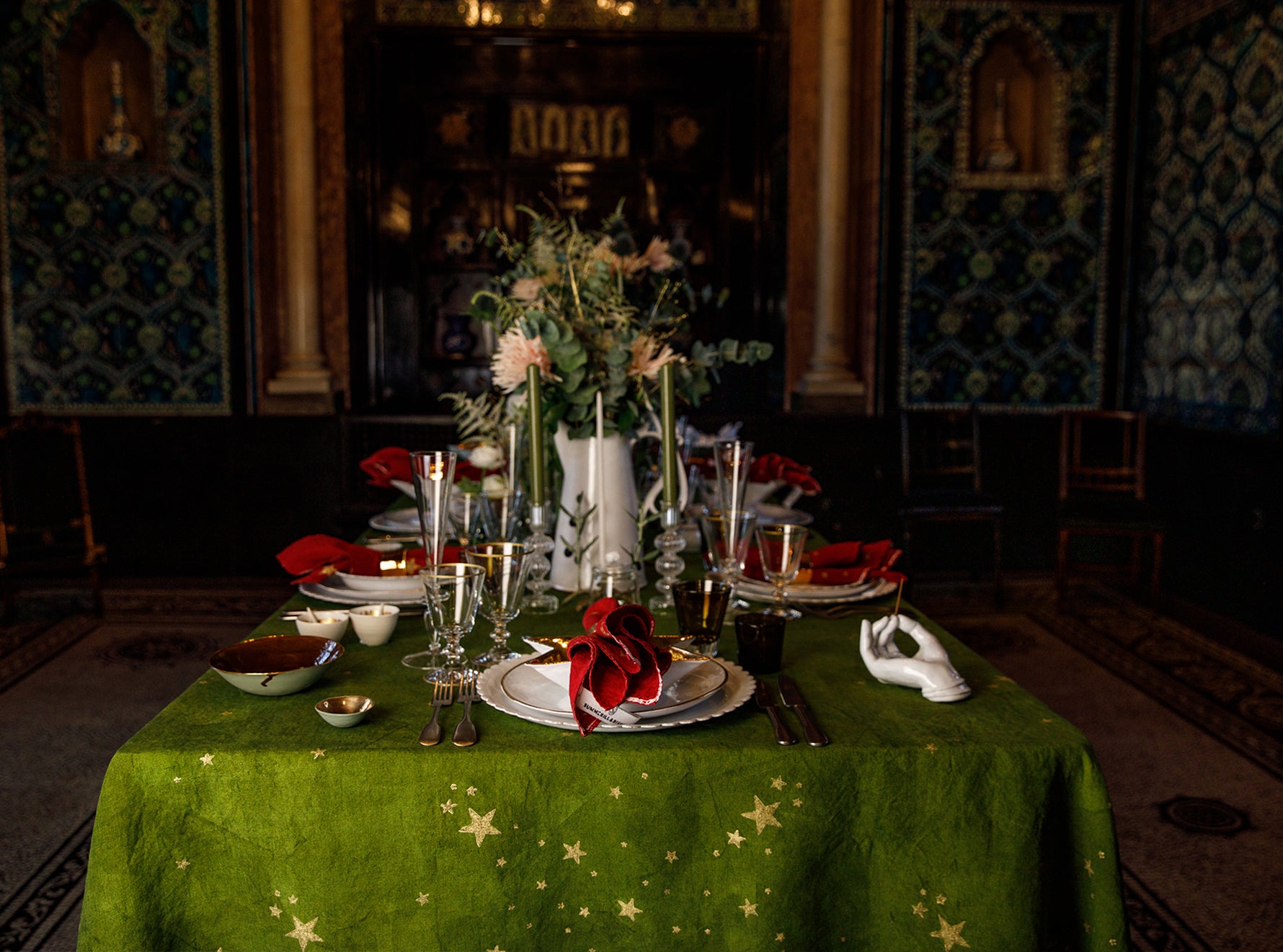Falling Stars Linen Tablecloth in Avocado Green with Gold Stars