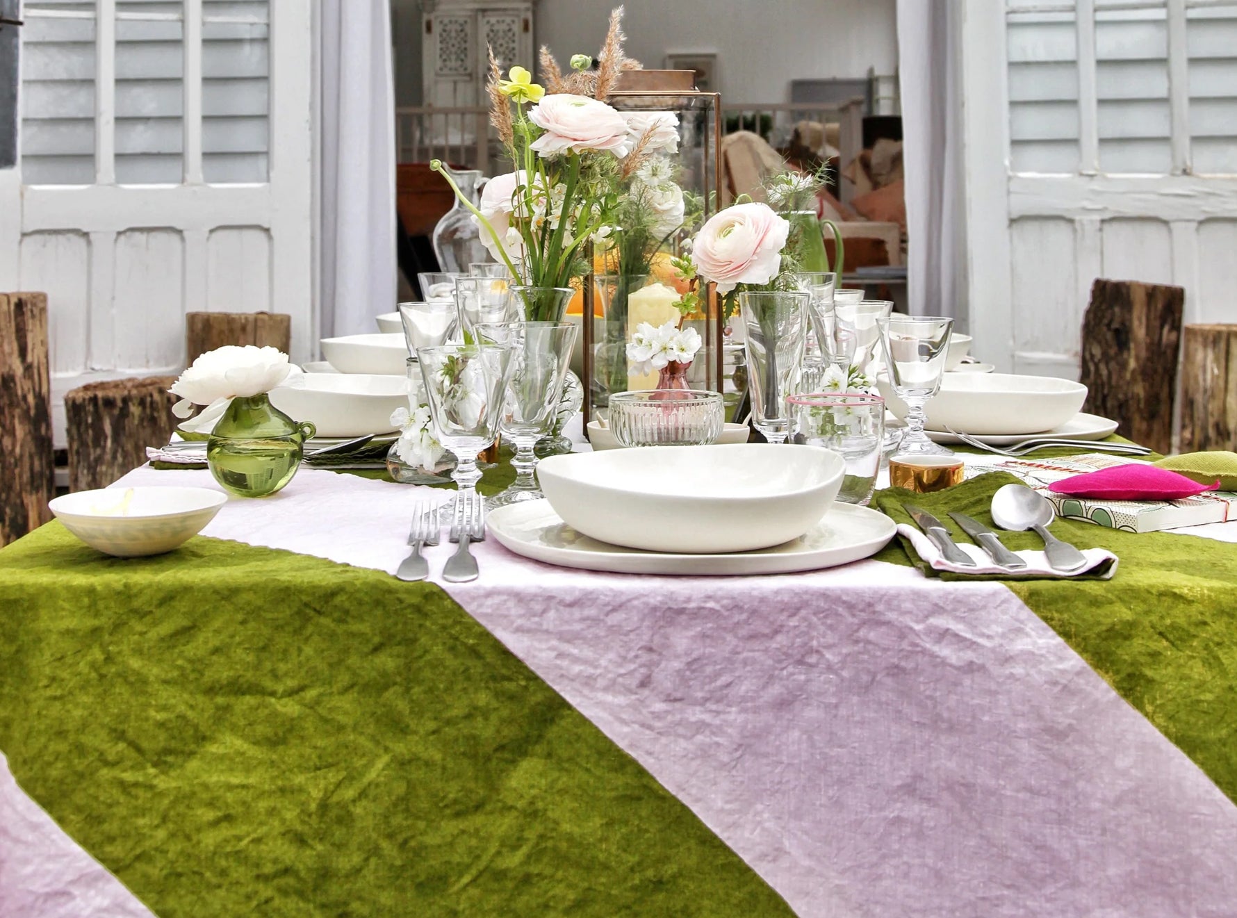 Stripe Linen Napkin in Avocado Green and Pale Pink, 50x50cm