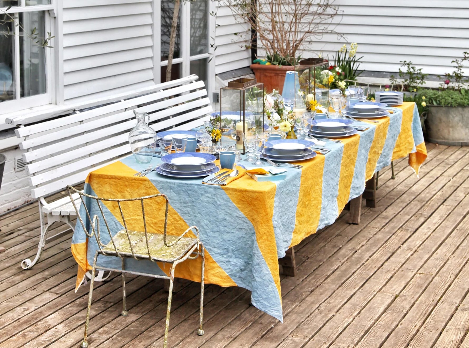 Stripe Linen Napkin in Mustard Yellow and Pale Blue, 50x50cm