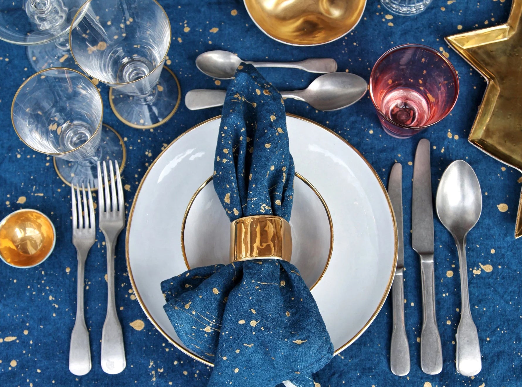 Splatter Linen Napkin in Midnight Blue with Gold, 50x50cm