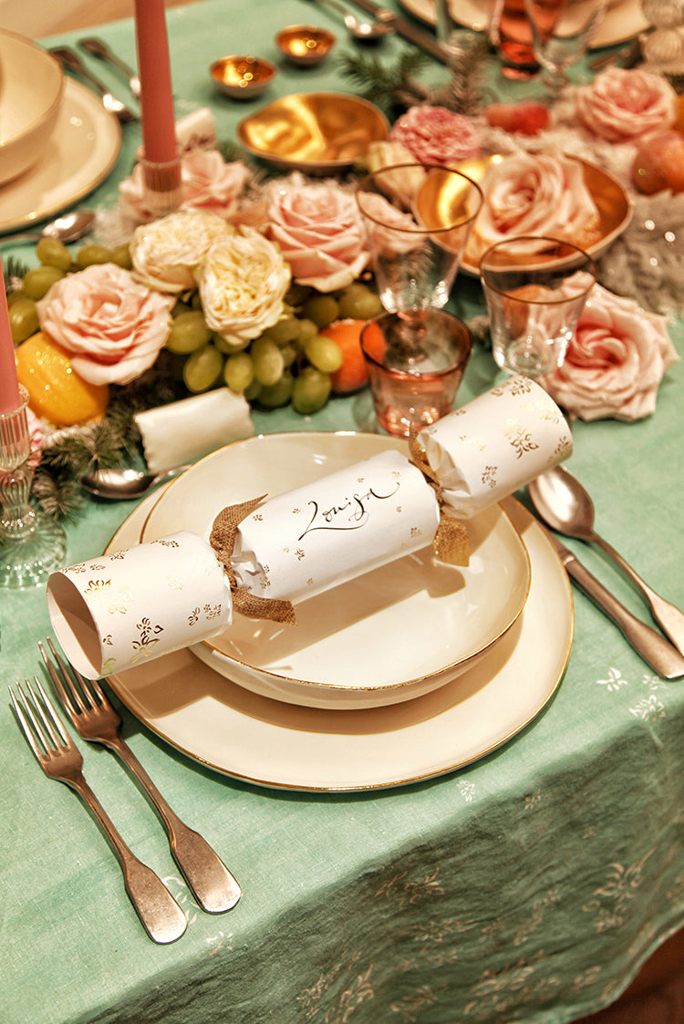 'S&Bee Falling Flower' Linen Tablecloth in Celadon Blue