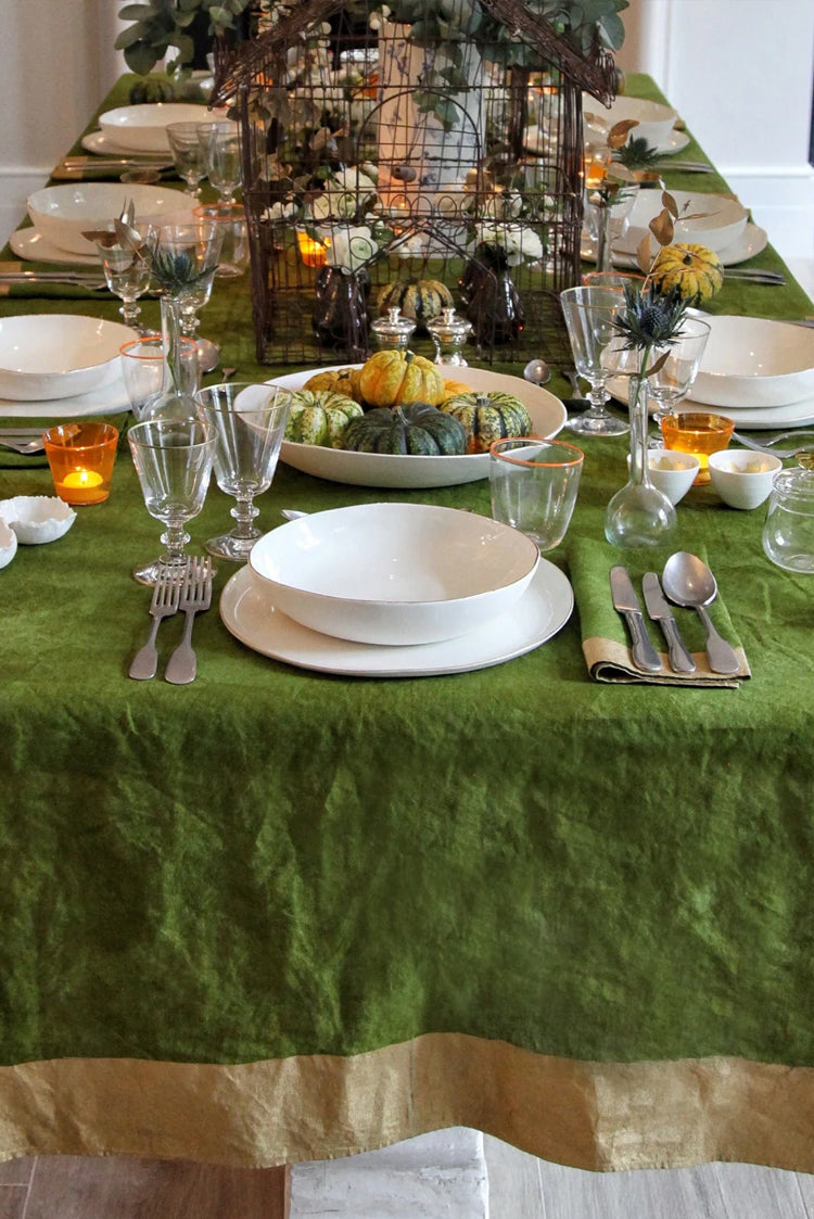 'Gold Edge' Linen Napkin in Avocado Green, 50x50cm
