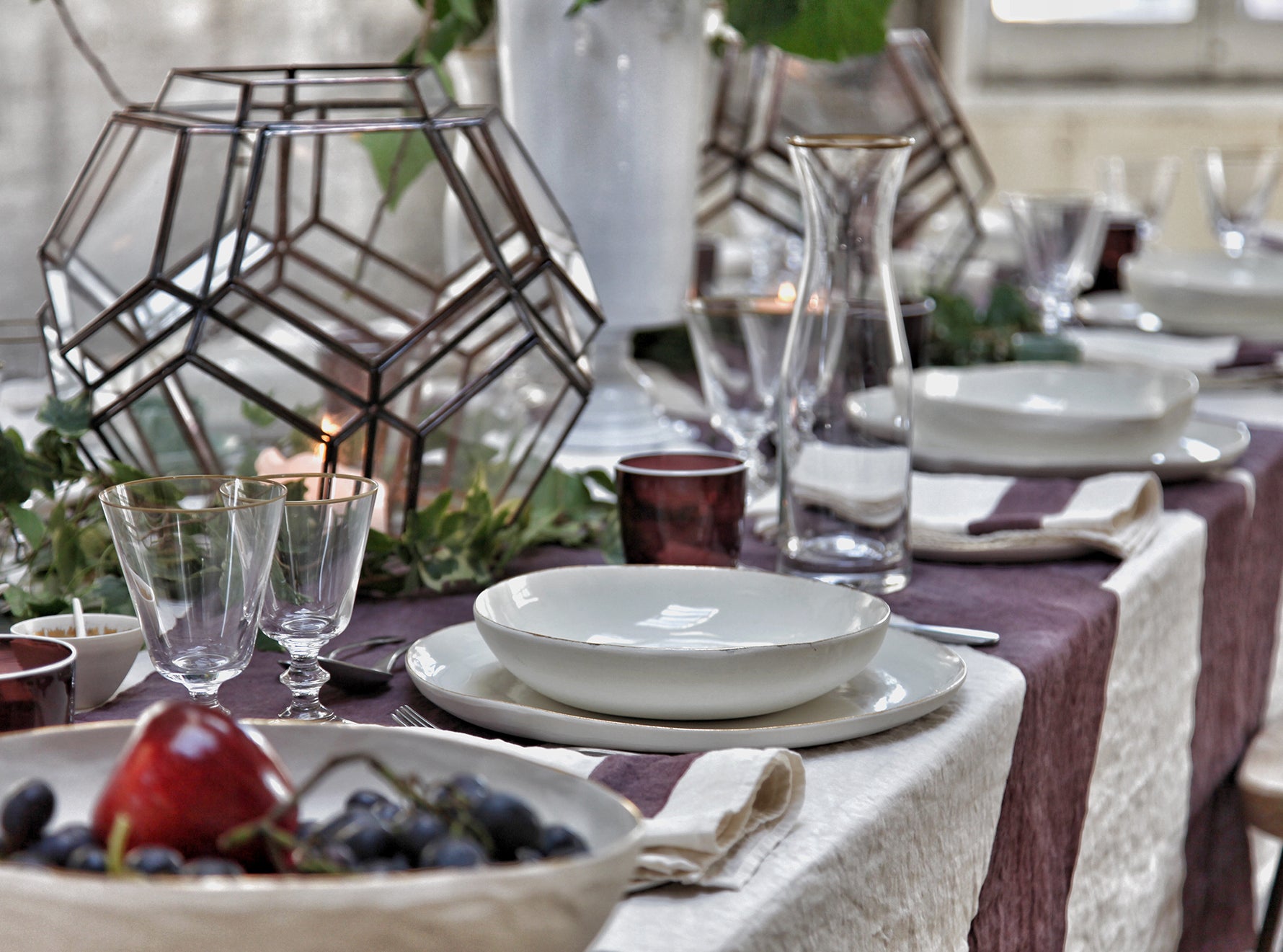 'Feast' Word Linen Tablecloth in Grape Purple