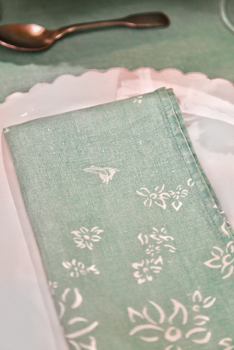 'S&Bee Falling Flower' Linen Napkin in Celadon Blue, 50x50cm