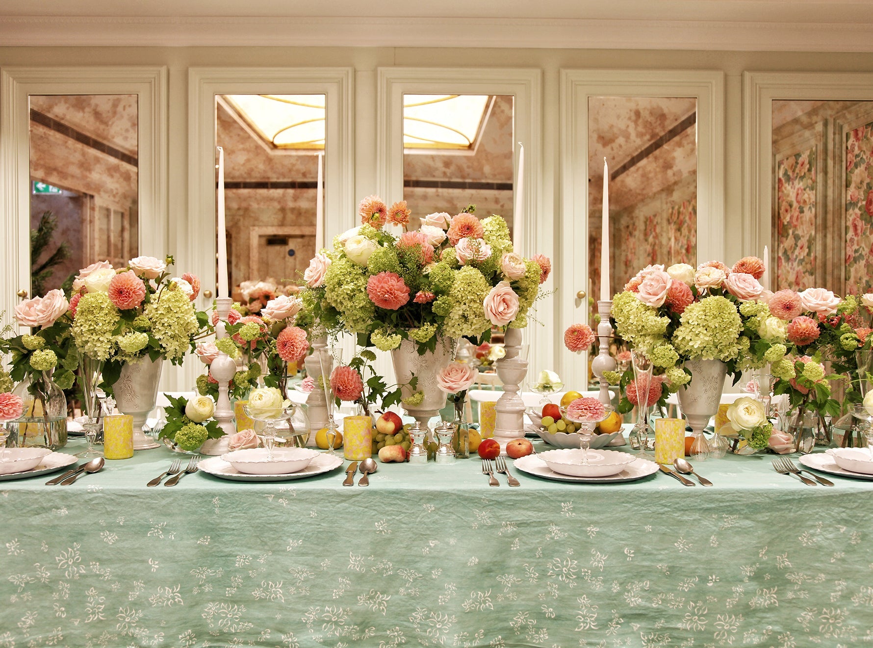 'S&Bee Falling Flower' Linen Tablecloth in Celadon Blue