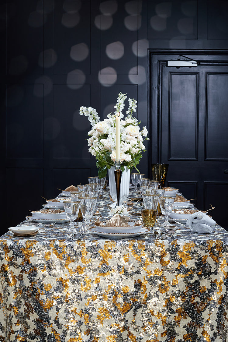 S&B Couture: 'London Plane' Sequin Table Gown in Gold, Silver and White