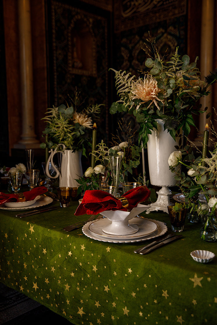 Falling Stars Linen Tablecloth in Avocado Green with Gold Stars