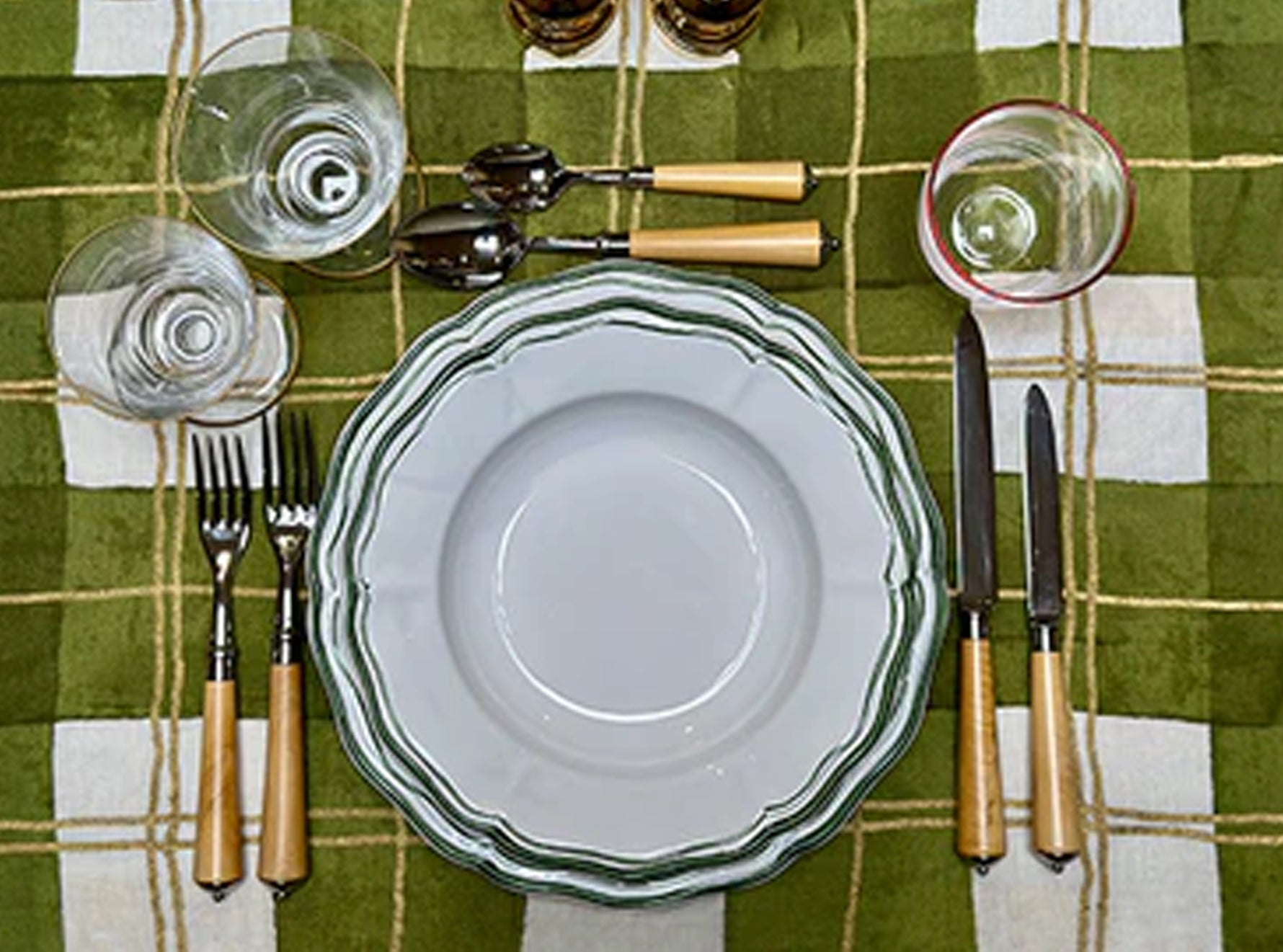 Tartan Linen Tablecloth in Gold and Avocado Green