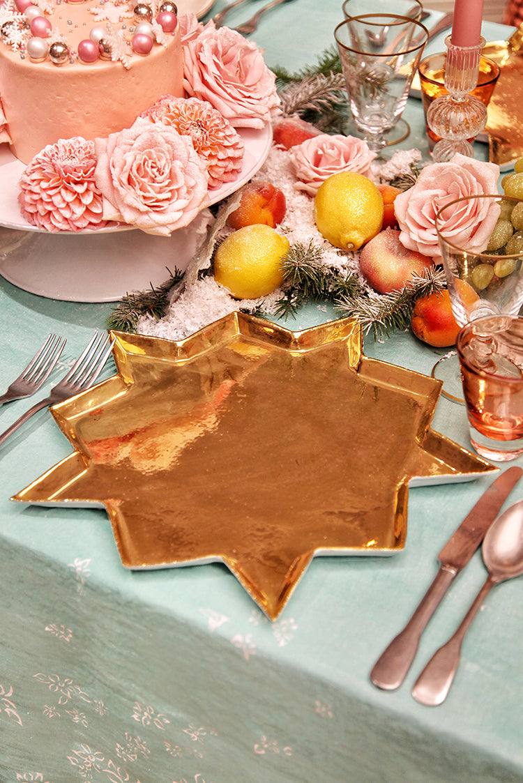 'S&Bee Falling Flower' Linen Napkin in Celadon Blue, 50x50cm