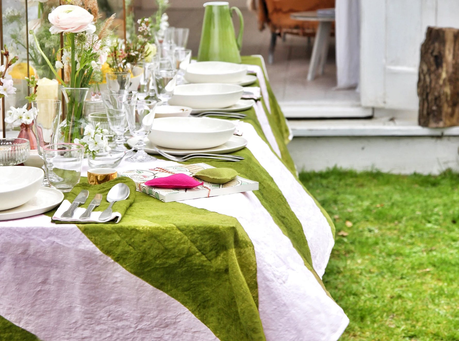 'Stripe' Linen Tablecloth in Avocado Green and Pale Pink
