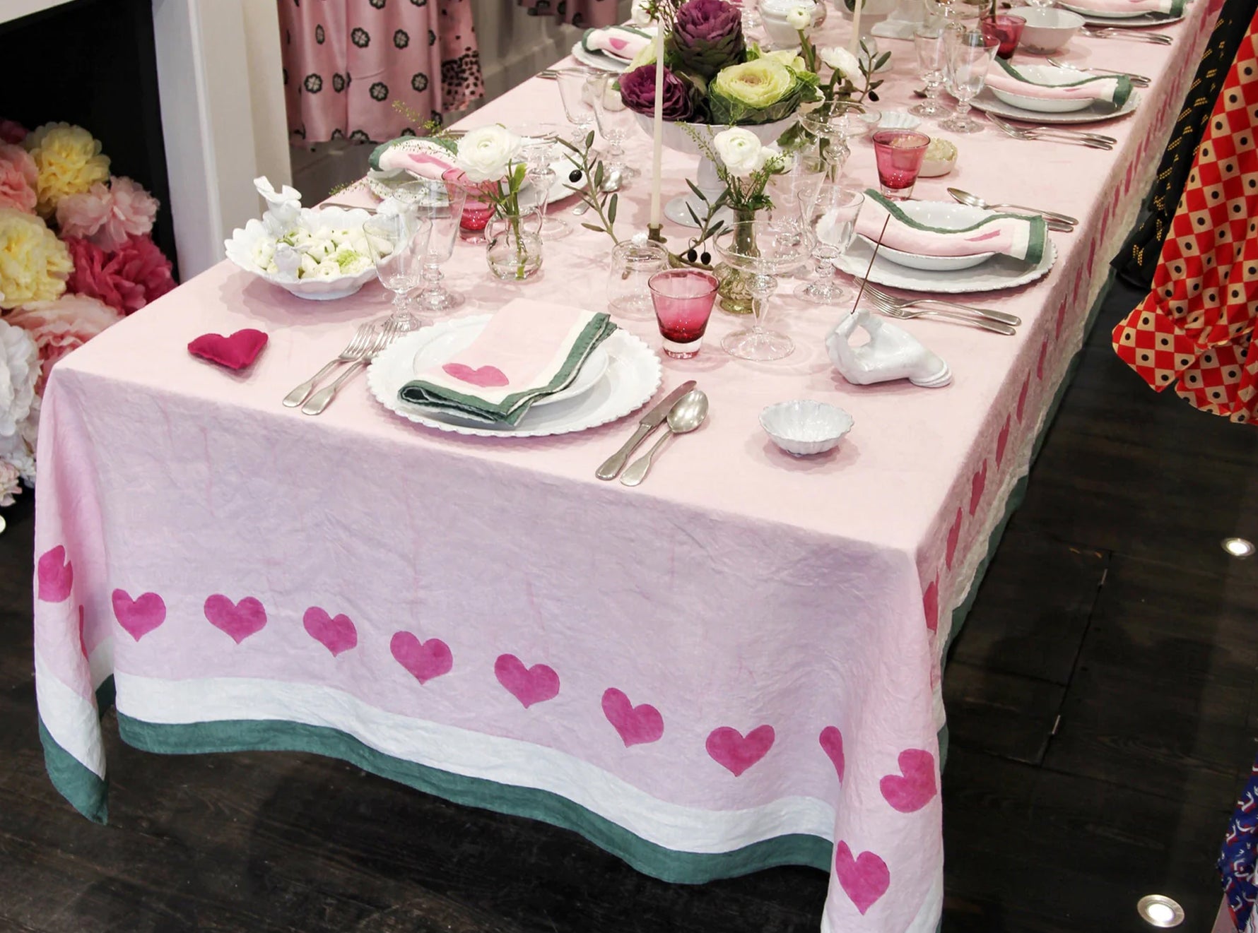 Summerill & Bishop x Lisou Heart Linen Tablecloth in Petal Pink and Forest Green