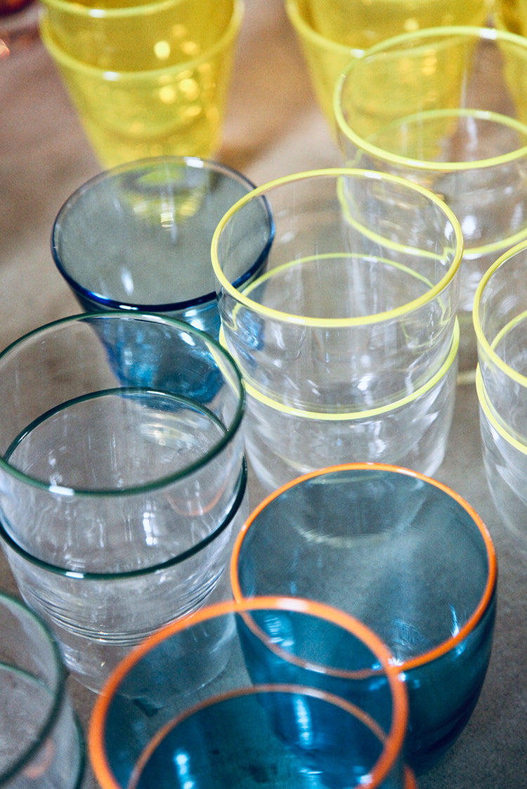 Handblown Clear Bumba Glass Tumbler with Lemon Yellow Rim, 30cl