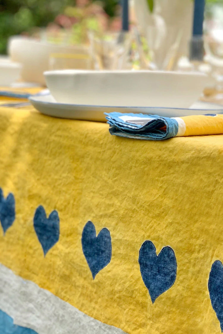Summerill & Bishop x Lisou Heart Linen Napkin in Light Blue and Yellow, 50x50cm
