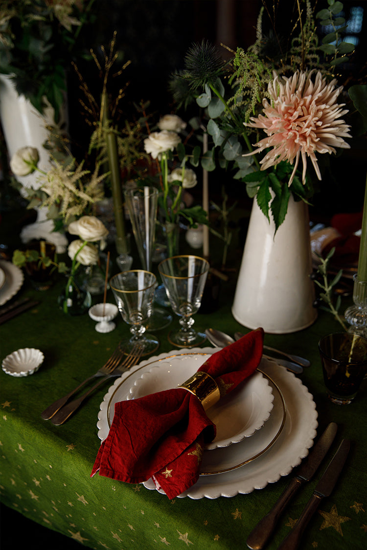 Falling Stars Linen Tablecloth in Avocado Green with Gold Stars
