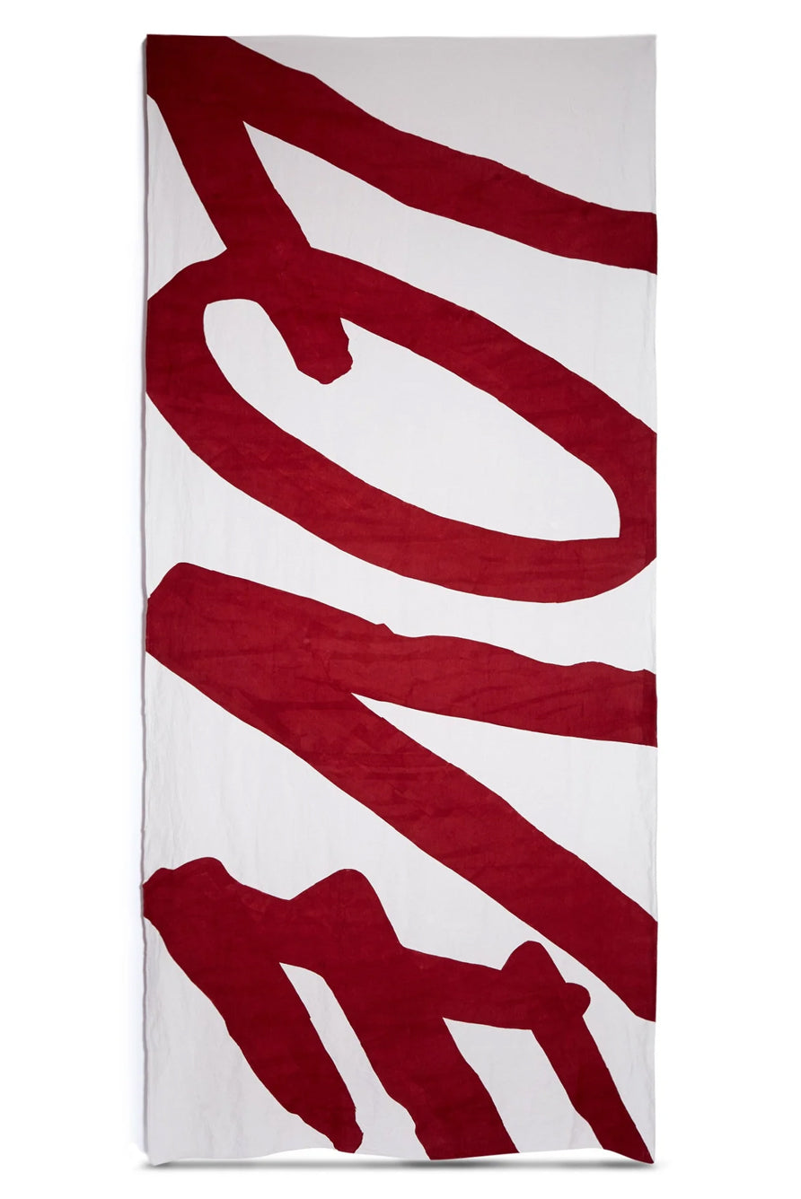 'Love' Word Linen Tablecloth in Claret Red