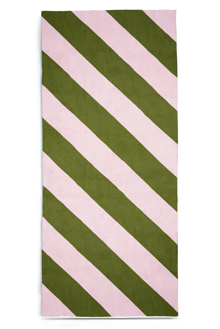 'Stripe' Linen Tablecloth in Avocado Green and Pale Pink
