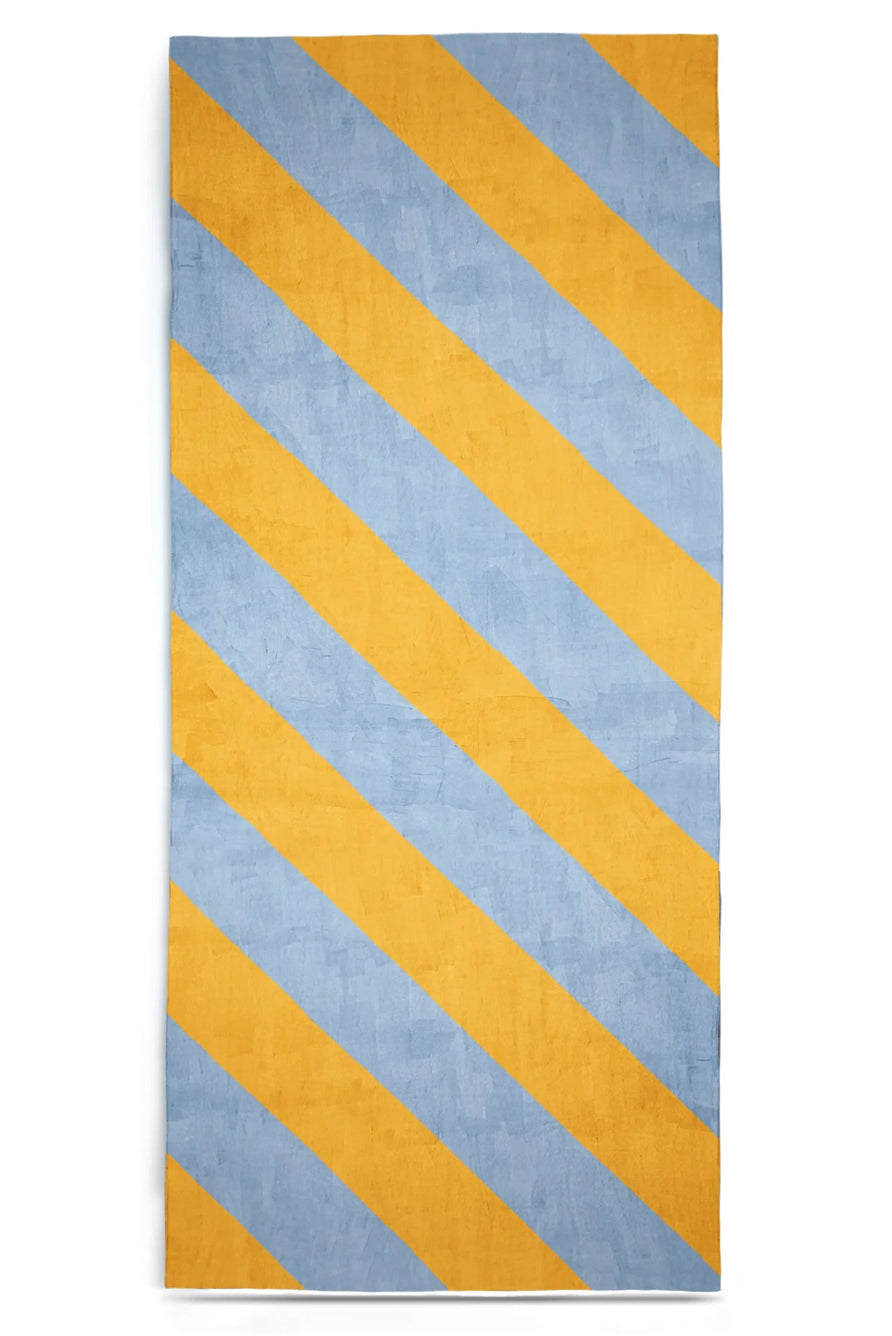 'Stripe' Linen Tablecloth in Mustard Yellow and Pale Blue