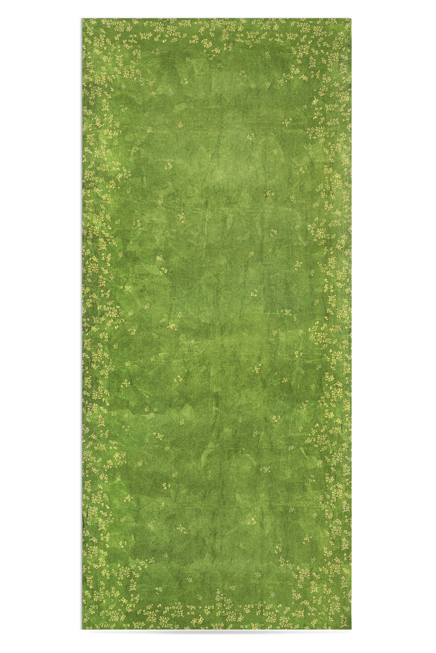 Bernadette's Hand Stamped Falling Flower On Full Field Linen Tablecloth in Avocado Green & Gold