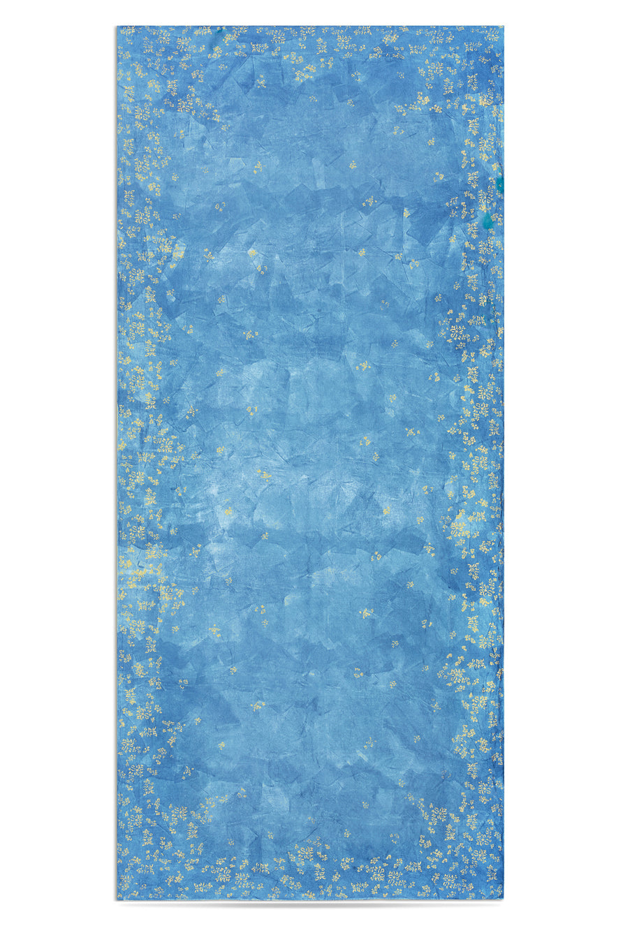 Bernadette's Hand Stamped Falling Flower On Full Field Linen Tablecloth in Sky Blue & Gold