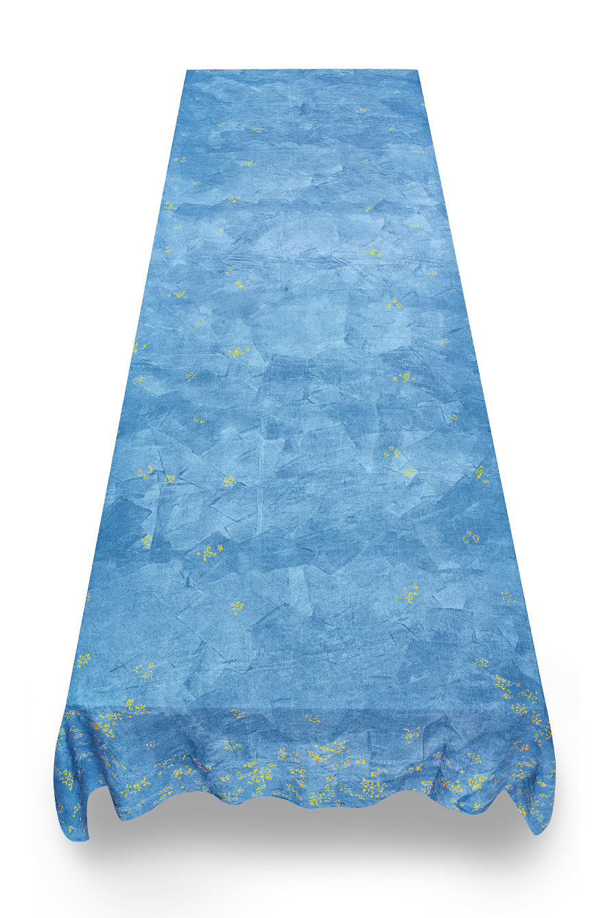 Bernadette's Hand Stamped Falling Flower On Full Field Linen Tablecloth in Sky Blue & Gold