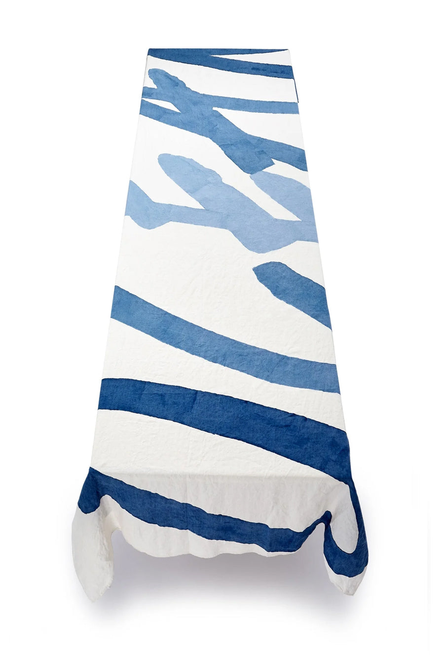 'Ocean' Word Linen Tablecloth in Waves of Blue