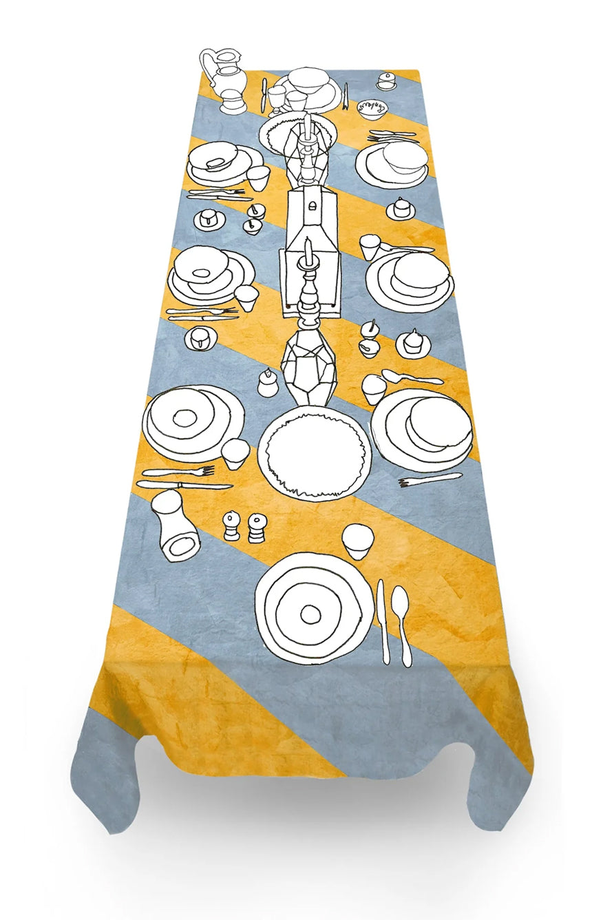 'Stripe' Linen Tablecloth in Mustard Yellow and Pale Blue