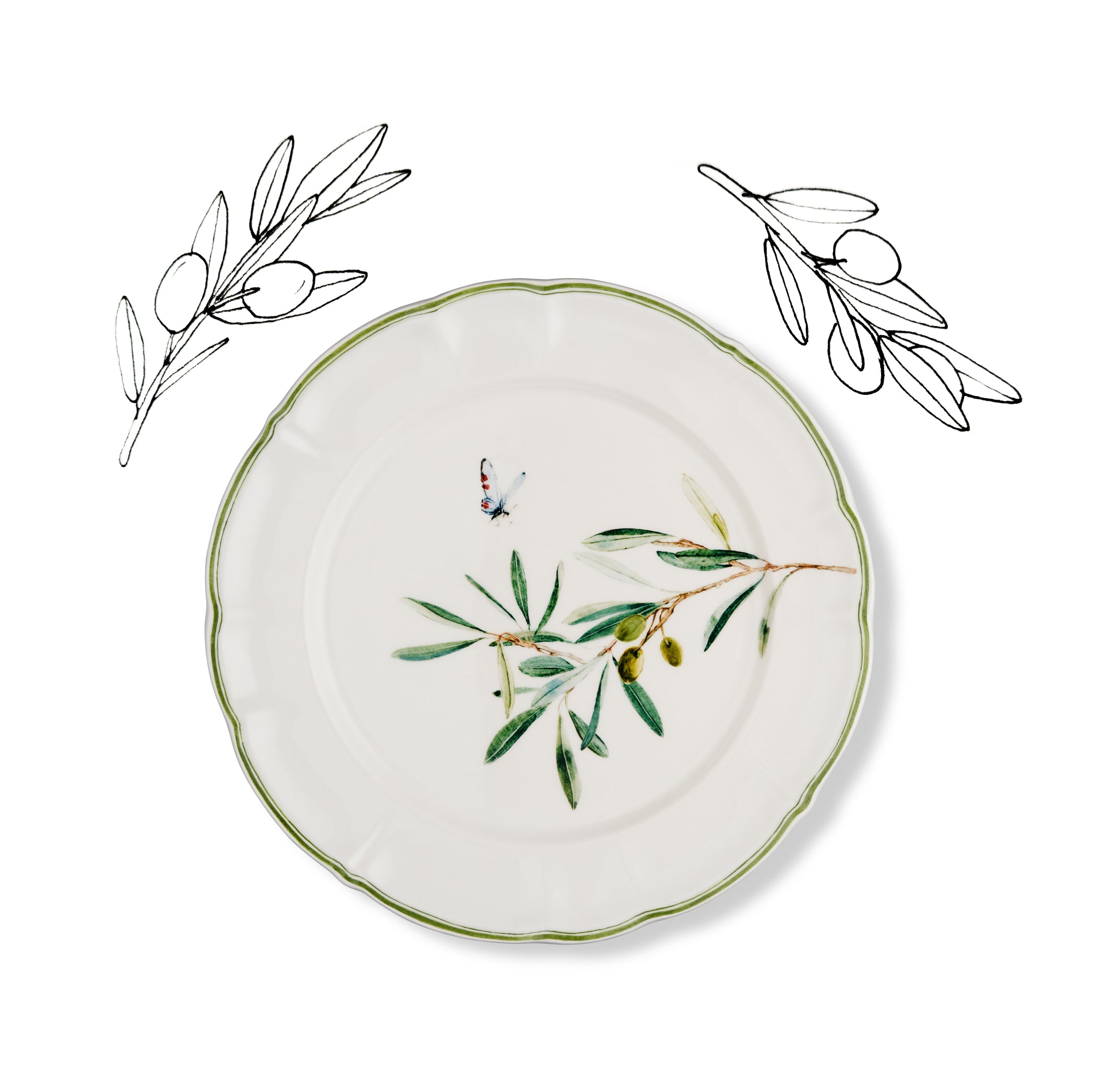 Olive Branch Scalloped Dinner Plate With Blue Butterfly, 26cm
