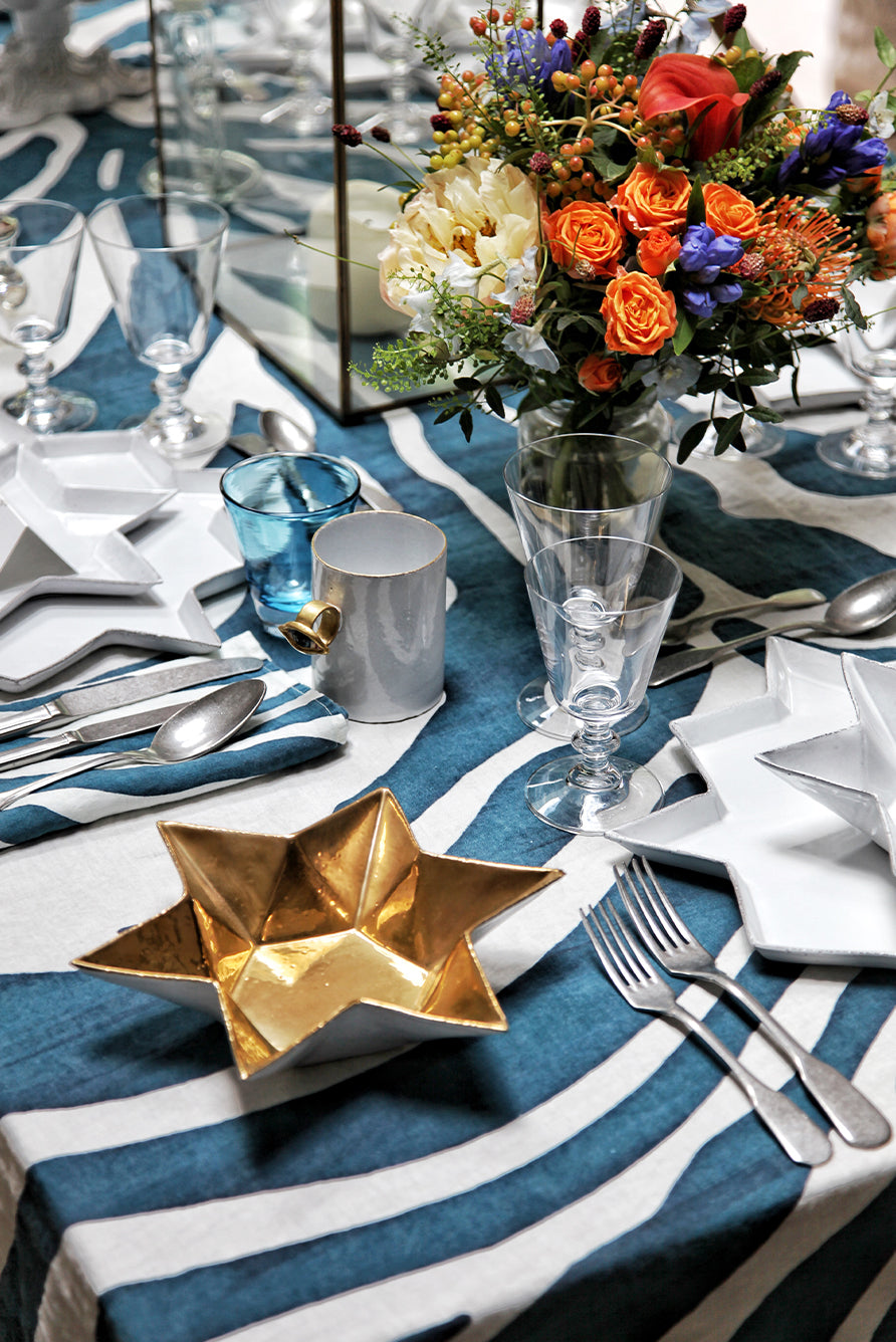 Zebra Linen Tablecloth in Petrol Blue