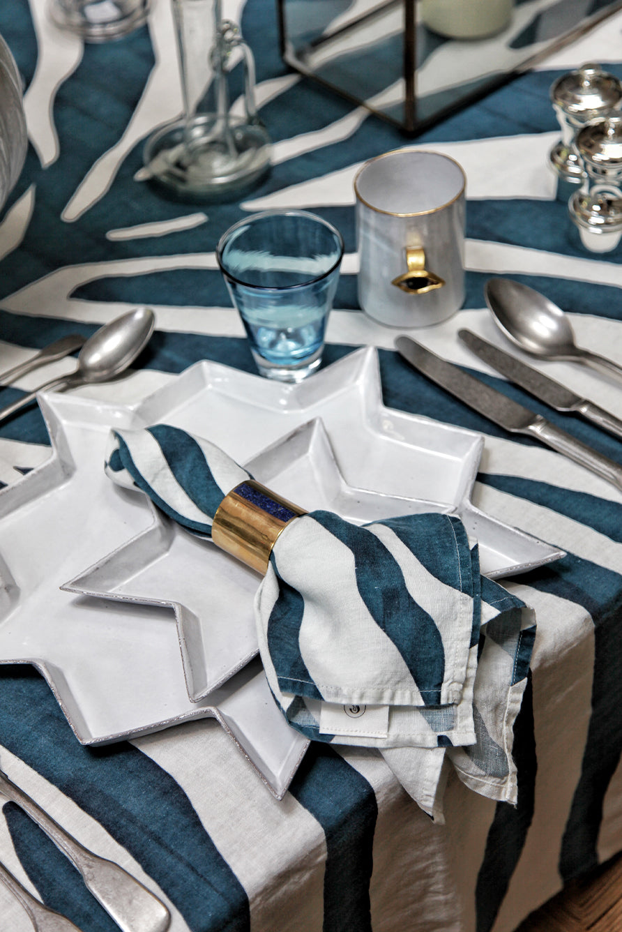 Zebra Linen Tablecloth in Petrol Blue