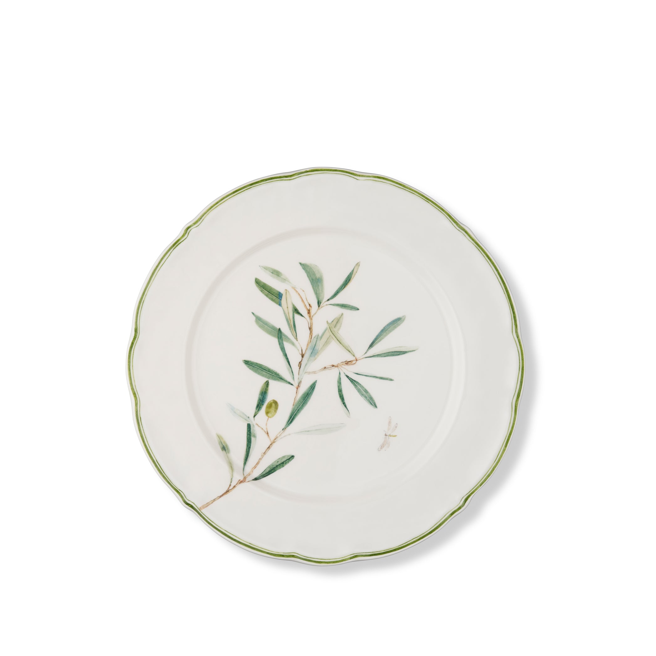 Olive Branch Scalloped Dinner Plate With Brown Dragonfly, 26cm