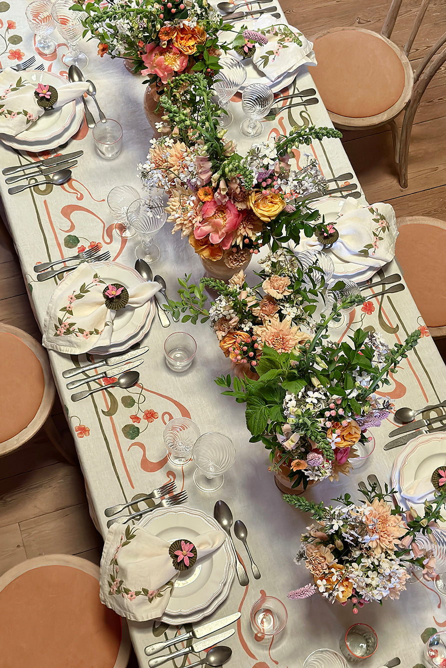 'Capucines' Linen Tablecloth in Peach Pink & Avocado Green