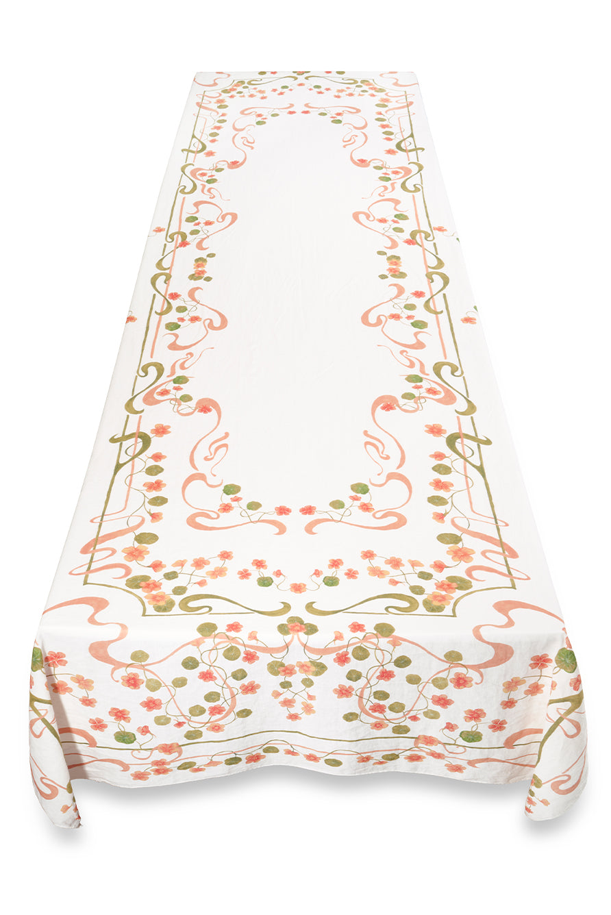 'Capucines' Linen Tablecloth in Peach Pink & Avocado Green