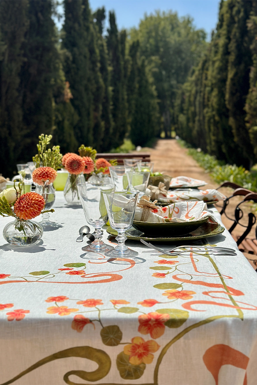 'Capucines' Linen Tablecloth in Peach Pink & Avocado Green