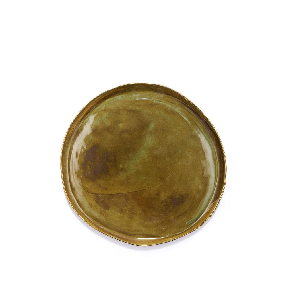 Handmade Ceramic Olive Green Dinner Plate with 24Kt Gold Rim, 28cm