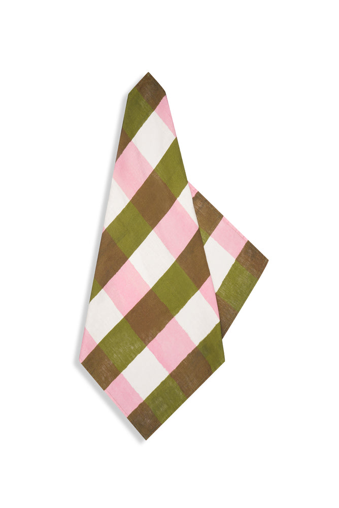 'Gingham' Linen Napkin in Rose Pink & Avocado Green