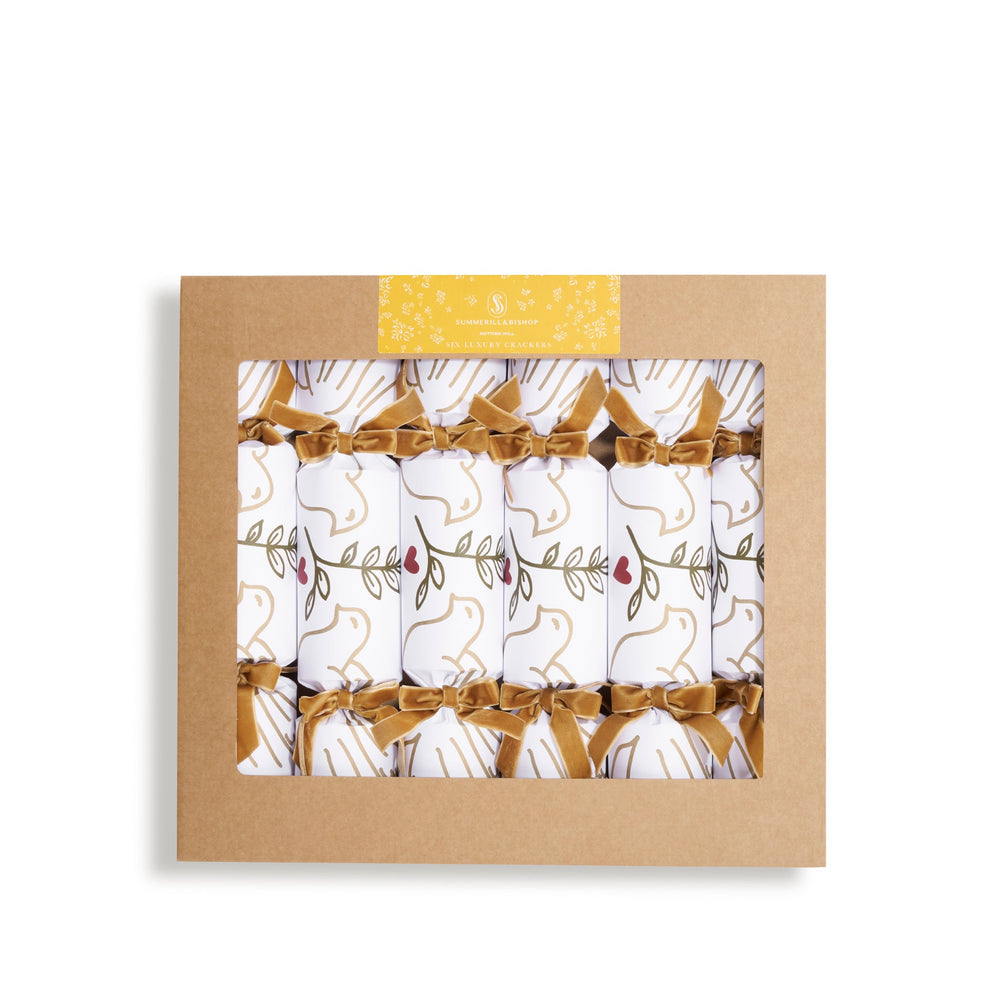 Christmas Crackers with 'Gold Doves' Print and Gold Velvet Bows, Box of 6 (UK ONLY)