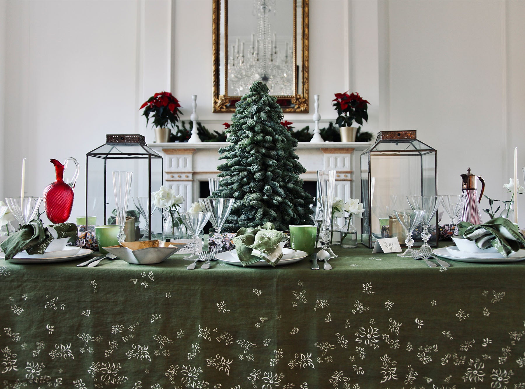 'S&Bee Falling Flower' Linen Tablecloth in Avocado Green