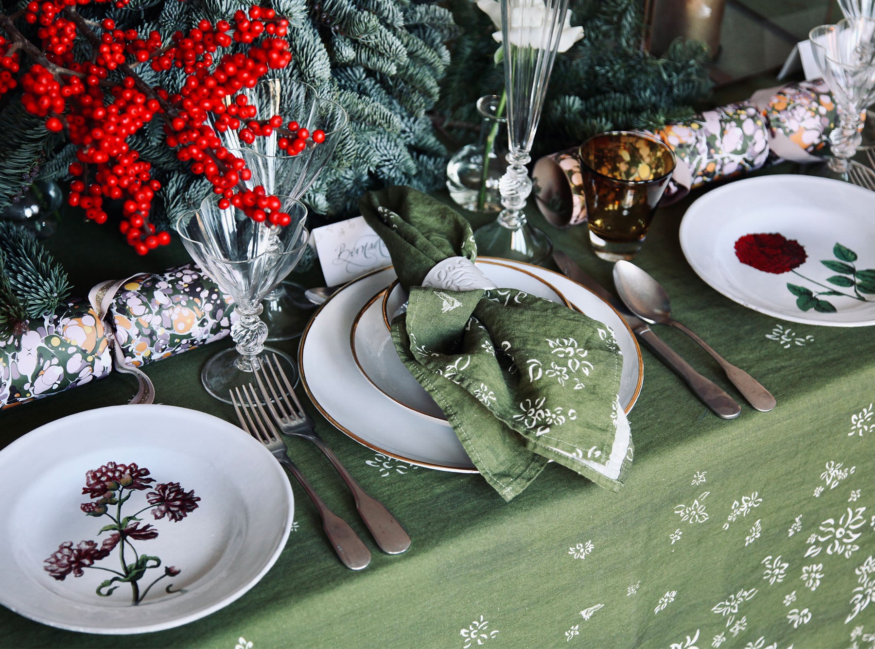 'S&Bee Falling Flower' Linen Tablecloth in Avocado Green