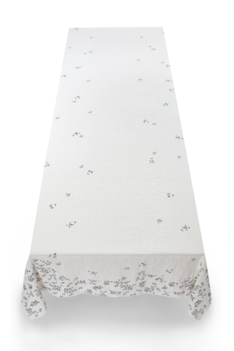 Bernadette's Hand Stamped Falling Flower Linen Tablecloth in Midnight Blue