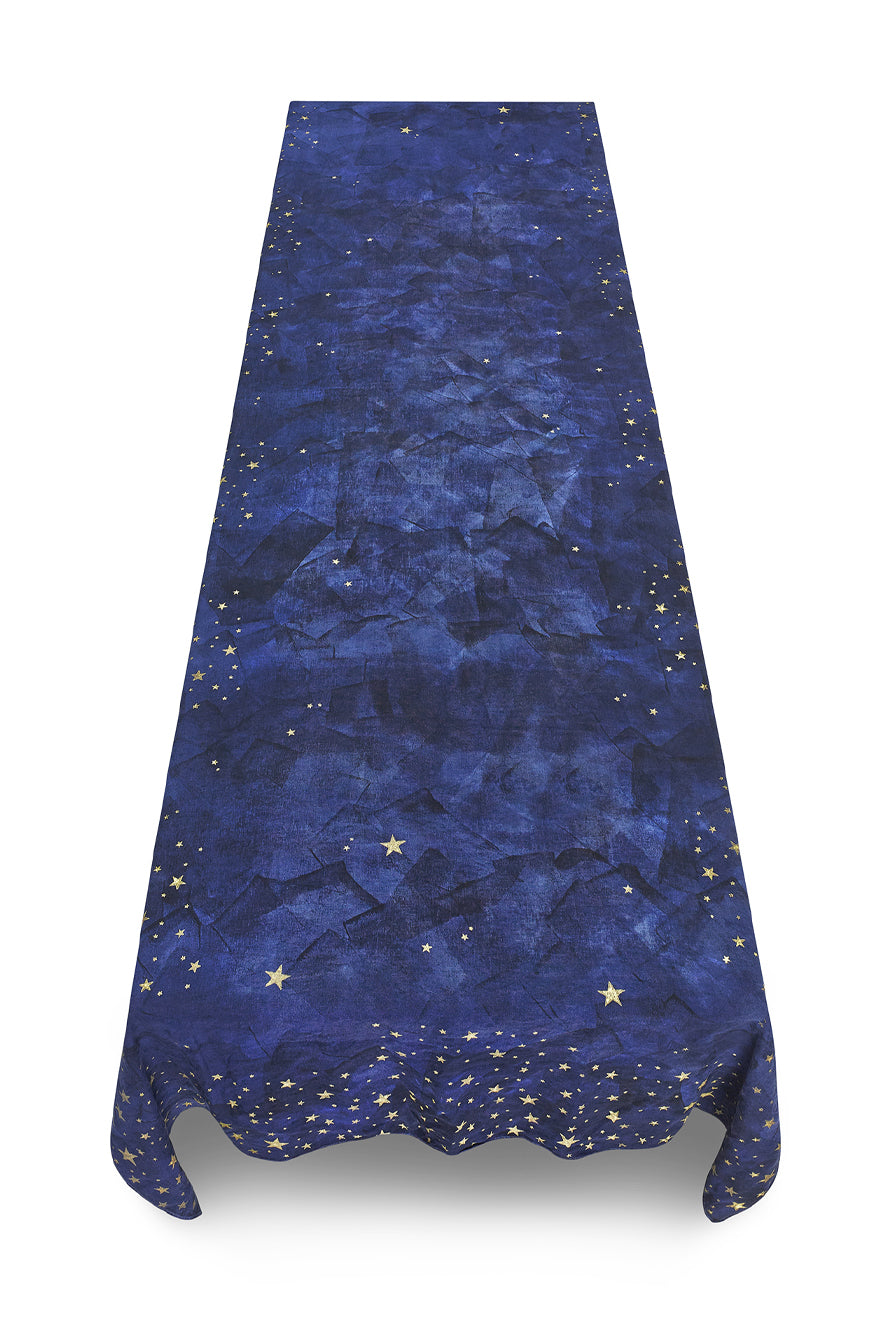 Falling Stars Linen Tablecloth in Ink Blue with Gold Stars