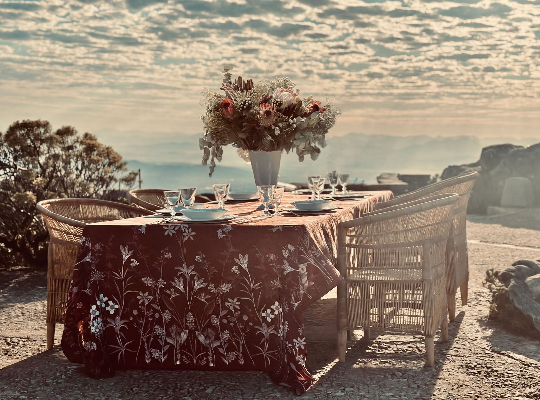 African Flower Linen Tablecloth in Red