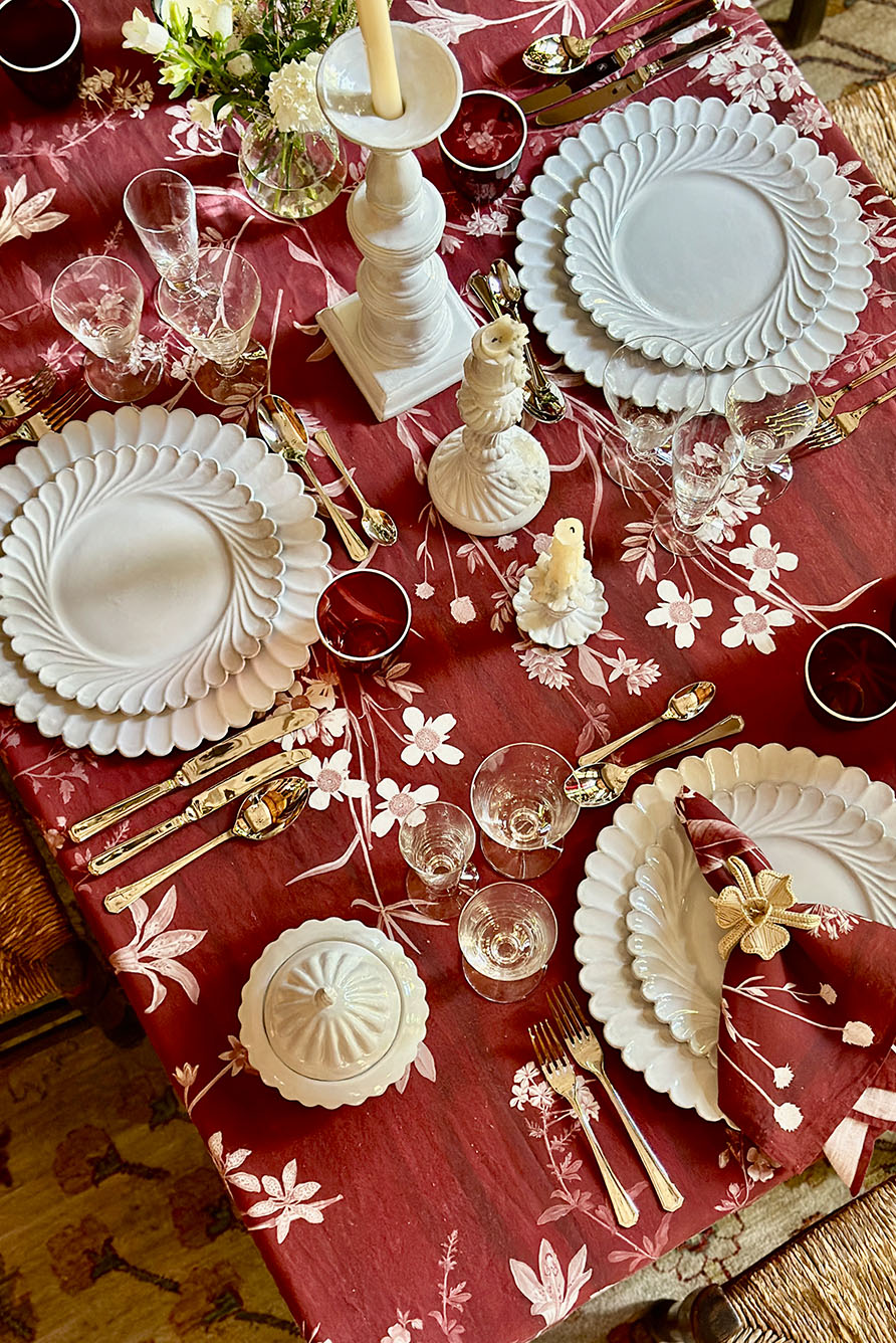 African Flower Linen Tablecloth in Red