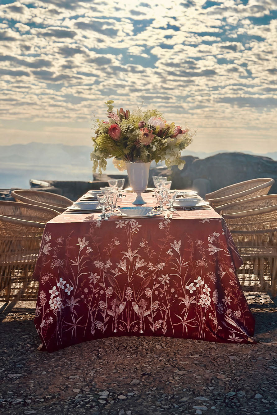 African Flower Linen Tablecloth in Red