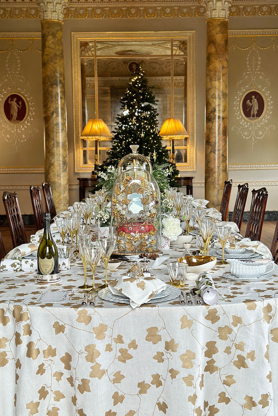 'Ivy' Screen Printed Linen Tablecloth in Gold