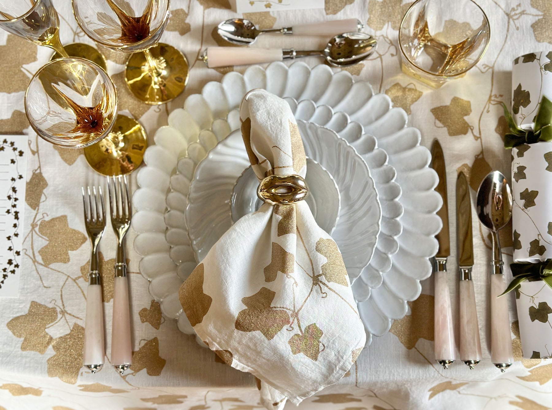 'Ivy' Screen Printed Linen Tablecloth in Gold