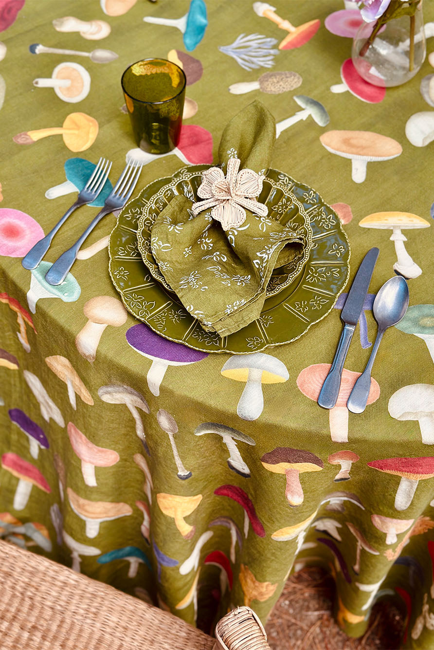 S&B x John Derian 'Green Fungi' Round Linen Tablecloth, 260cm