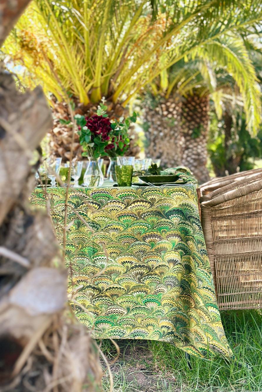 'Marble Fan' Linen Napkin in Green, 50x50cm