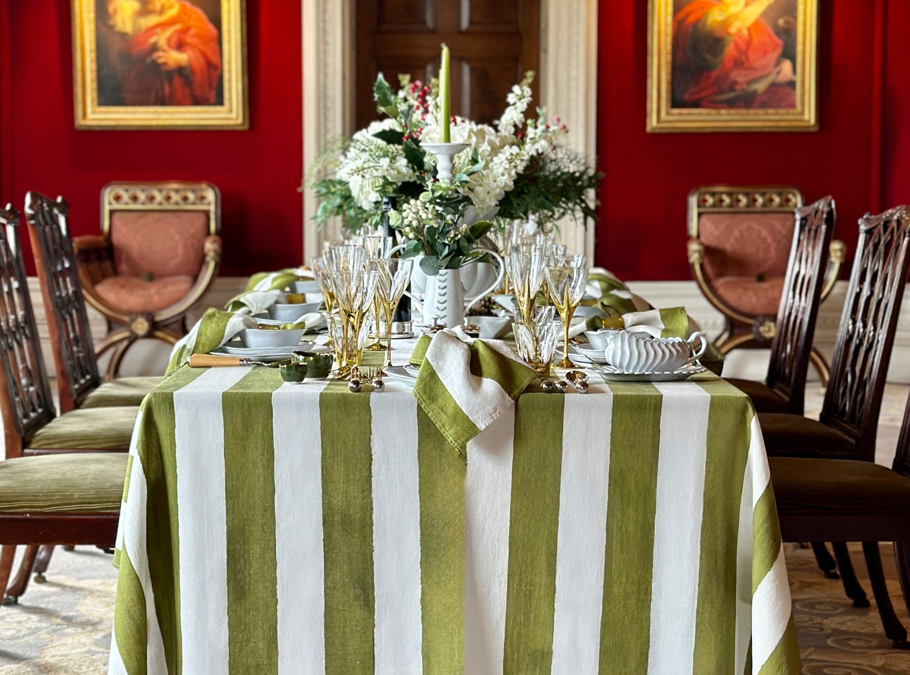 'Stripe' Linen Tablecloth in White & Green