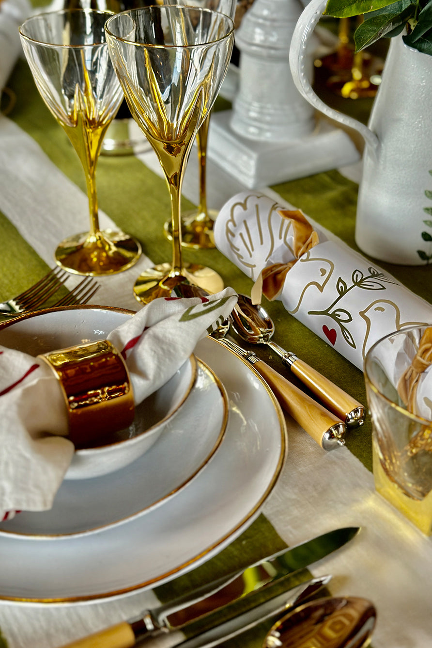'Stripe' Linen Tablecloth in White & Green